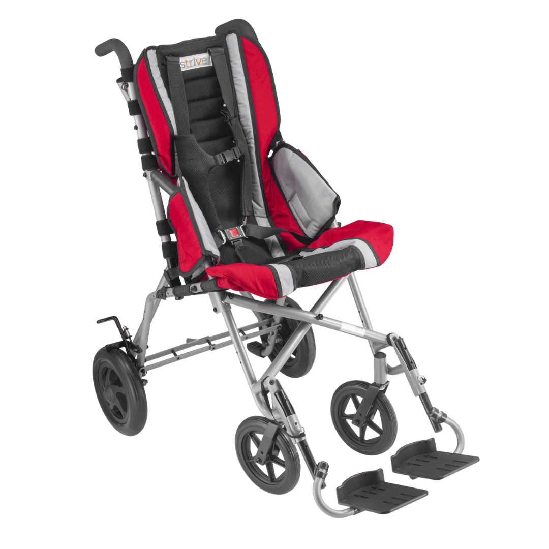 The Circle Specialty Strive Adaptive Stroller is a red and black lightweight pediatric mobility stroller with a reclined seat, safety harness, footrests, large rear wheels, and adjustable support for children with disabilities.